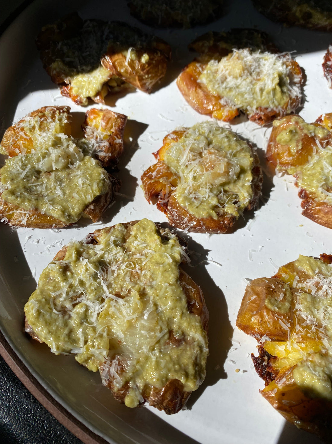 Smashed Garlic Potatoes with Zucchini Pesto